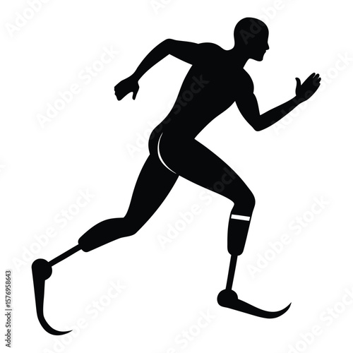 Black silhouette of a runner with prosthetic legs in motion showing determination and capability.