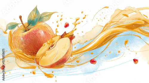 Watercolor Apple and Honey Splash Illustration for Rosh Hashanah Holiday Greeting and Presentation Background