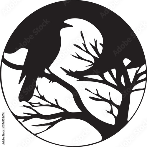 Monochrome Circle of a Raven Perched on a Branch Silhouette Symbolizing Nature's Mystique and Quiet Observation