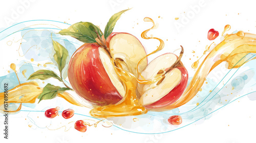 Watercolor Apple and Honey Splash Illustration for Rosh Hashanah Holiday Greeting and Presentation Background