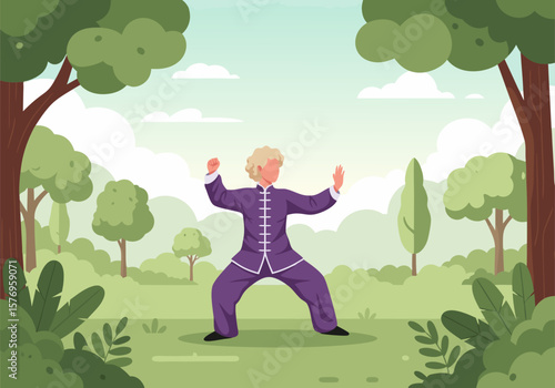 Silhouette Vector SVG Illustration of a Person Practicing Tai Chi in a Nature Scene with Modern Flat Style and Green Color Palette