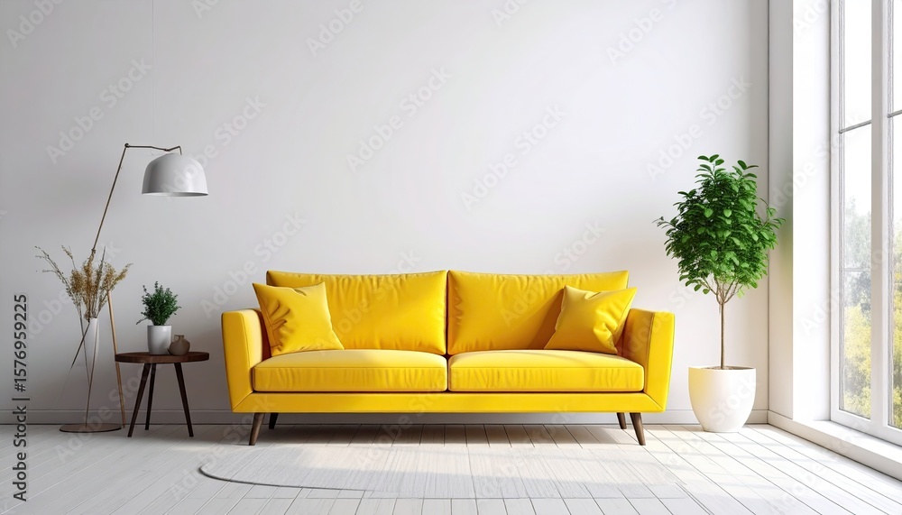 Fototapeta premium Modern yellow couch in bright room
