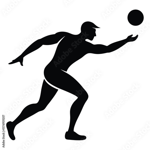 Dynamic black silhouette of a male athlete reaching for a circular object against white background