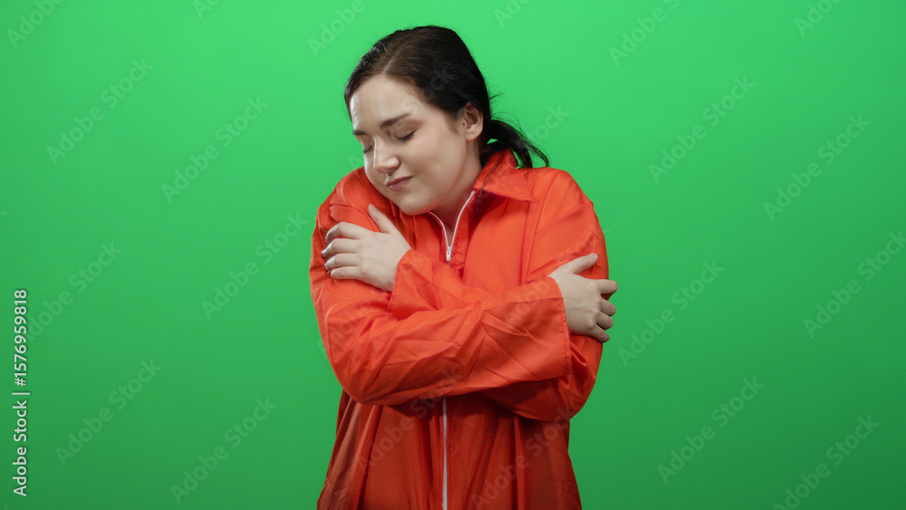 Obraz premium Woman embraces herself wearing orange prison jumpsuit against vibrant green backdrop symbolizing self-care or loneliness in confinement context.
