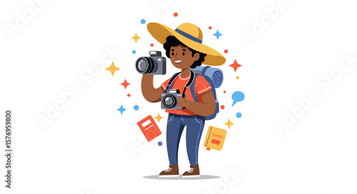 Smiling traveler with cameras and backpack in a summer hat