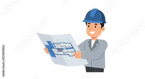 Smiling architect holding blueprint: flat design of construction and planning