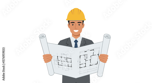 Smiling architect with blueprint and hard hat