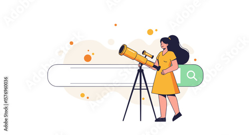 Woman searching online with telescope in minimalistic style