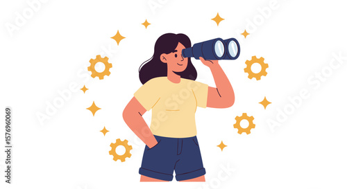 Curious woman looking through binoculars with stars