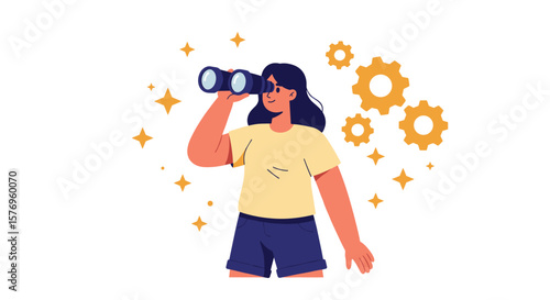 Young woman exploring new opportunities with binoculars and gears background