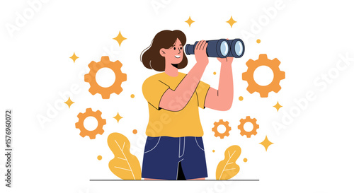 Curious woman exploring with binoculars amidst gears and leaves in a minimalist design