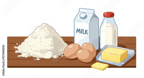 Kitchen essentials: flour, milk, eggs, and butter on wooden surface