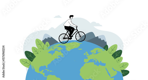 Cyclist on global journey: nature and adventure concept with earth and mountains