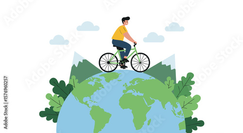 Cyclist on globe with mountains and clouds in minimalist style