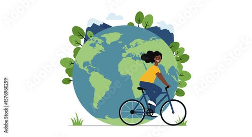 Woman cycling for sustainability in nature-themed graphic with earth and greenery