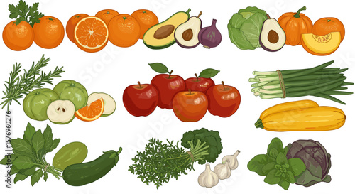 Colorful array of fresh fruits and vegetables in detailed style