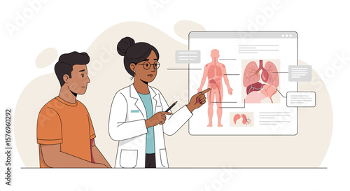 Doctor explaining human anatomy to patient with interactive display