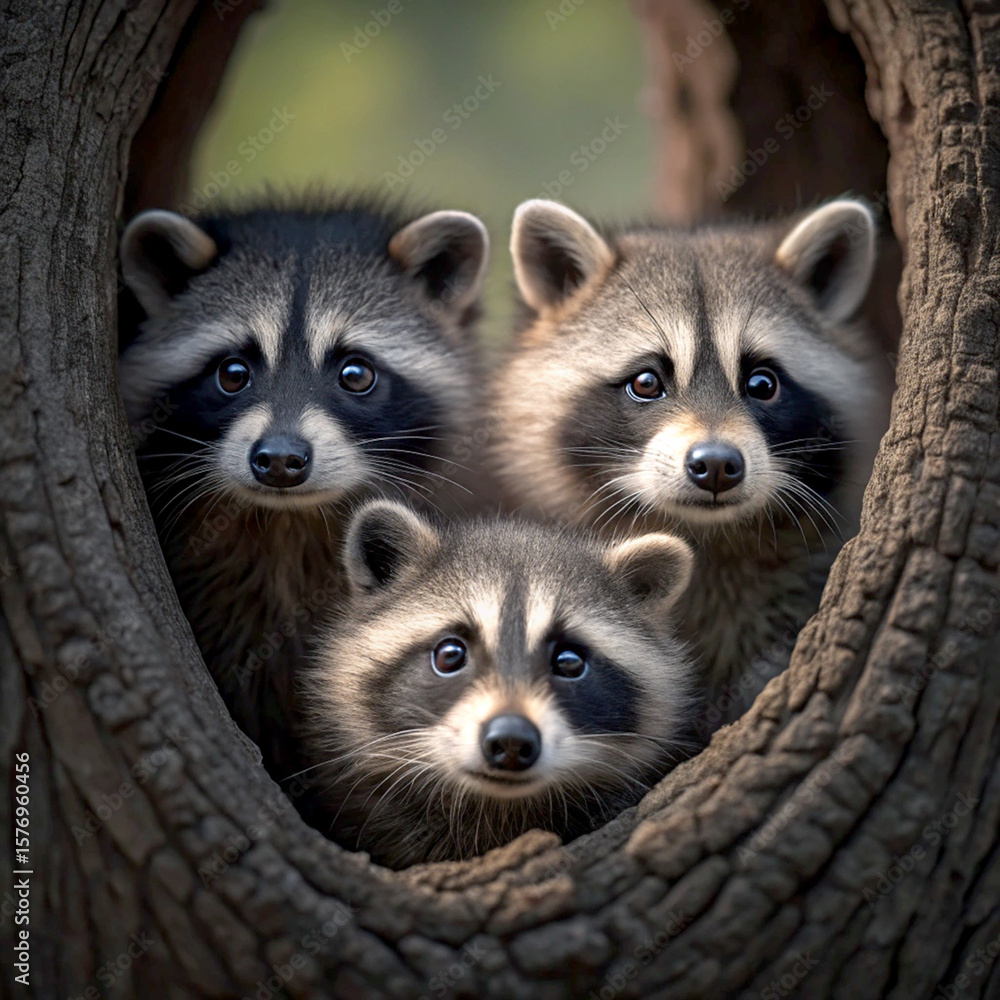 Obraz premium Three adorable baby raccoons peeking out from a hollow tree trunk