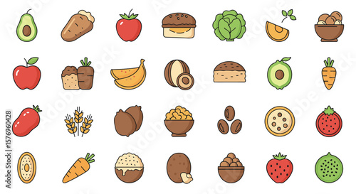 Colorful assorted food icons in cartoon style with fruits and vegetables