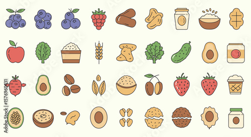 Colorful flat icons of fruits, vegetables, and food elements for healthy living