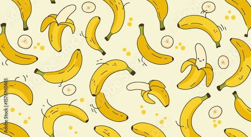 Playful banana pattern with cute cartoon style on light background