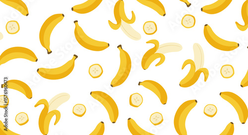 Seamless pattern with bananas and slices in flat style on white background