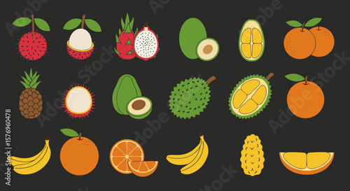 Colorful tropical fruits collection on dark background