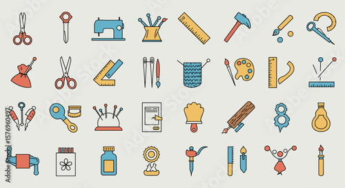 Colorful sewing and craft tools: flat linear style design elements