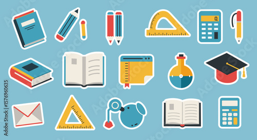 Colorful flat design education icons on blue background for digital projects