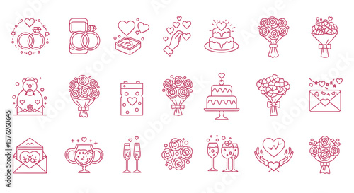 Romantic linear icon set: wedding rings, bouquets, and hearts for valentine celebrations