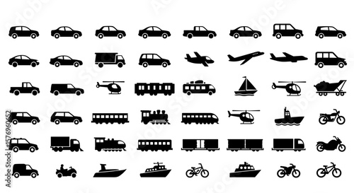 Silhouette icons set featuring various modes of transportation