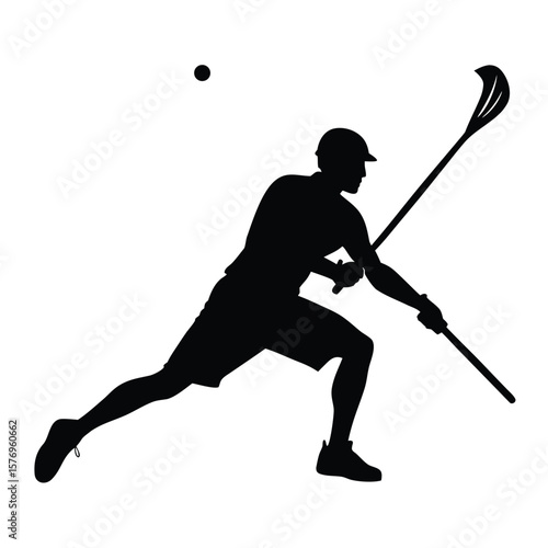 Lacrosse player silhouette in action preparing to shoot with ball and stick isolated on white