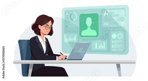 Businesswoman analyzing data on futuristic digital interface