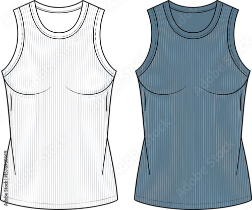 Women’s ribbed tank top flat sketch front view, sleeveless fitted shirt design, fashion illustration template for casual and activewear use