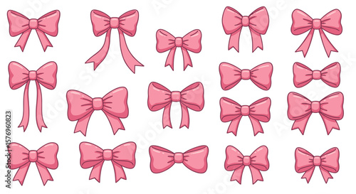 Collection of pink bows in cartoon style for design projects
