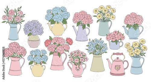 Charming floral arrangements in pastel vases with gentle line art style