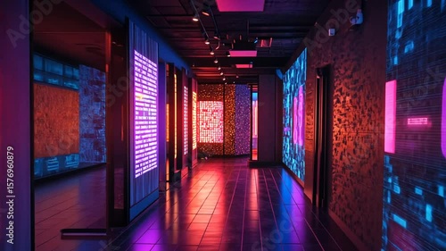 Illuminated digital hallway featuring glowing binary code and artistic renderings