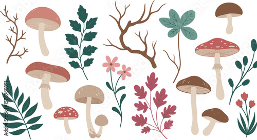 Flat botanical pattern with mushrooms and leaves in earth tones