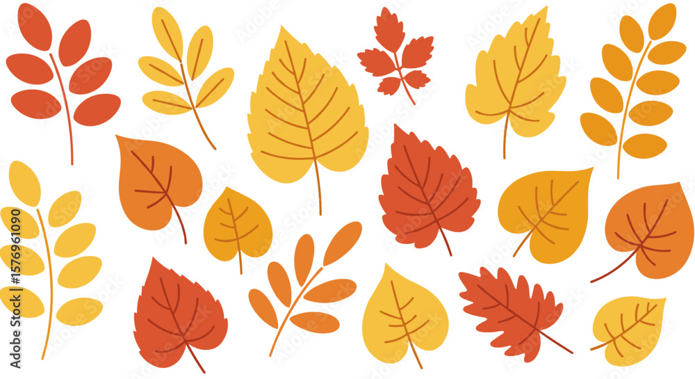 Autumn leaf collection with vibrant fall colors in a flat artistic style Autumn leaf collection with vibrant fall colors in a flat artistic style