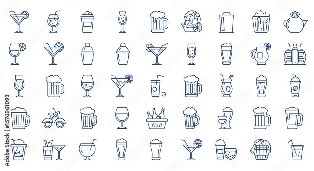 Fototapeta premium Collection of linear cocktail and beverage icons in minimalist style