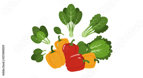 Colorful bell peppers and fresh spinach on white background