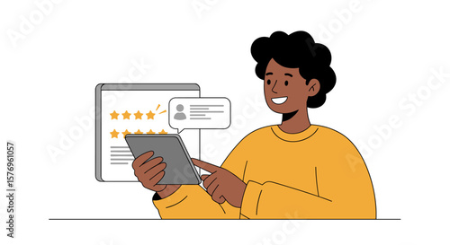 User reviews and feedback concept with diverse characters and digital tablet interaction