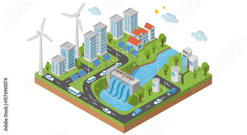 Isometric sustainable city with renewable energy and eco-friendly infrastructure
