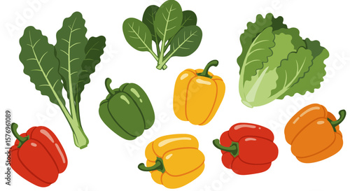 Colorful peppers and leafy greens in flat design