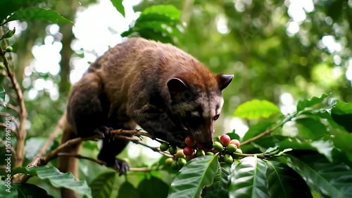 A civet perches on a coffee plant branch observing red and green berries amidst lush foliage in a natural setting