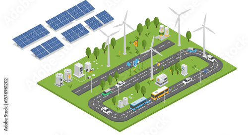 Renewable energy theme isometric city with solar panels and wind turbines