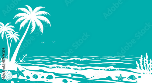 Tropical beach scene with palm trees and starfish silhouette