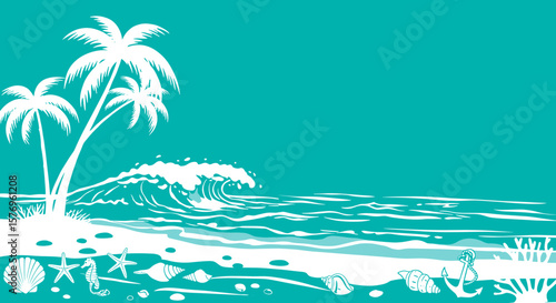 Tropical beach scene with palm trees and ocean waves on turquoise background