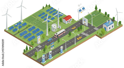 Sustainable energy cityscape with solar panels and wind turbines in isometric design