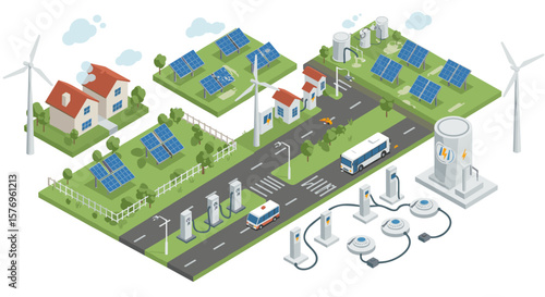 Sustainable energy community with solar panels, electric vehicles, and wind turbines in isometric design